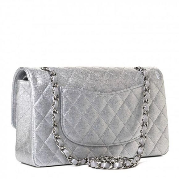 ❌❌ CHANEL 21K Glittered Silver Metallic Caviar Quilted Medium Double Flap CC bag - Picture 2 of 14
